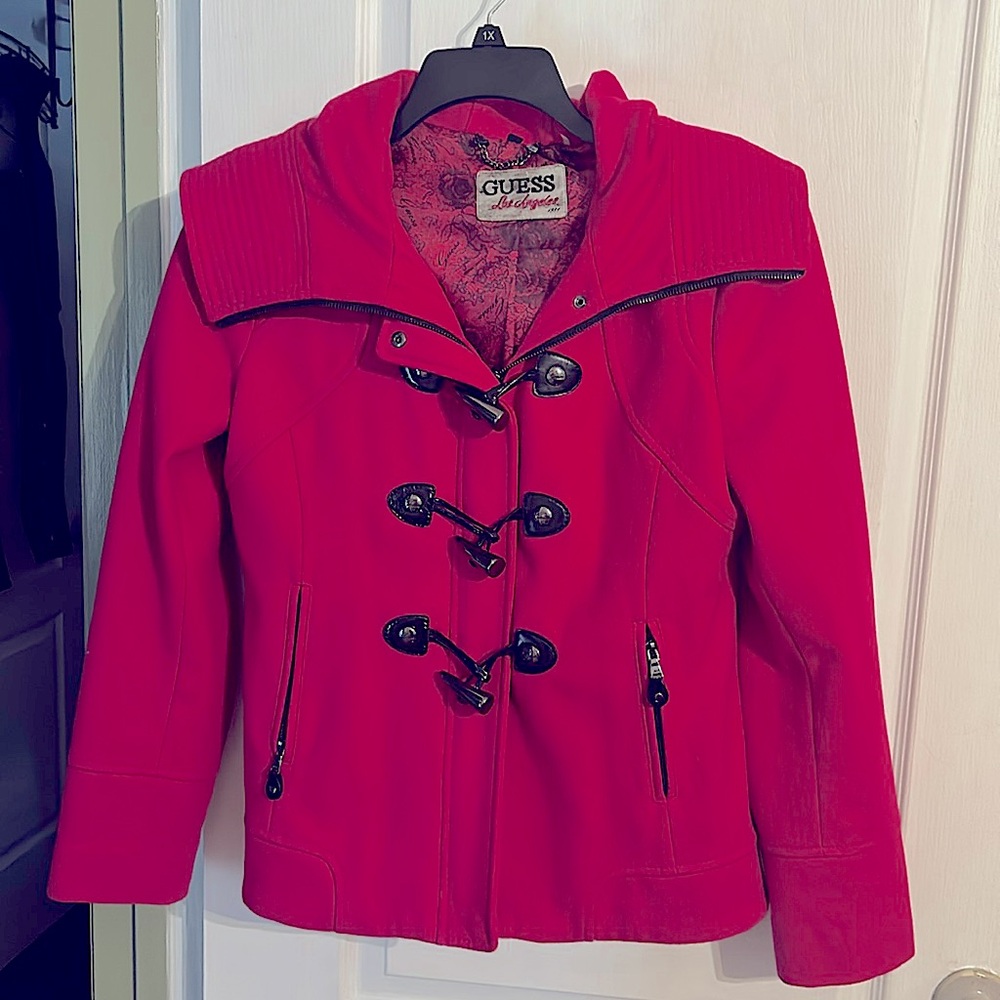Women’s Guess Size Large Wool Blend Fuchsia Hooded Pea Coat